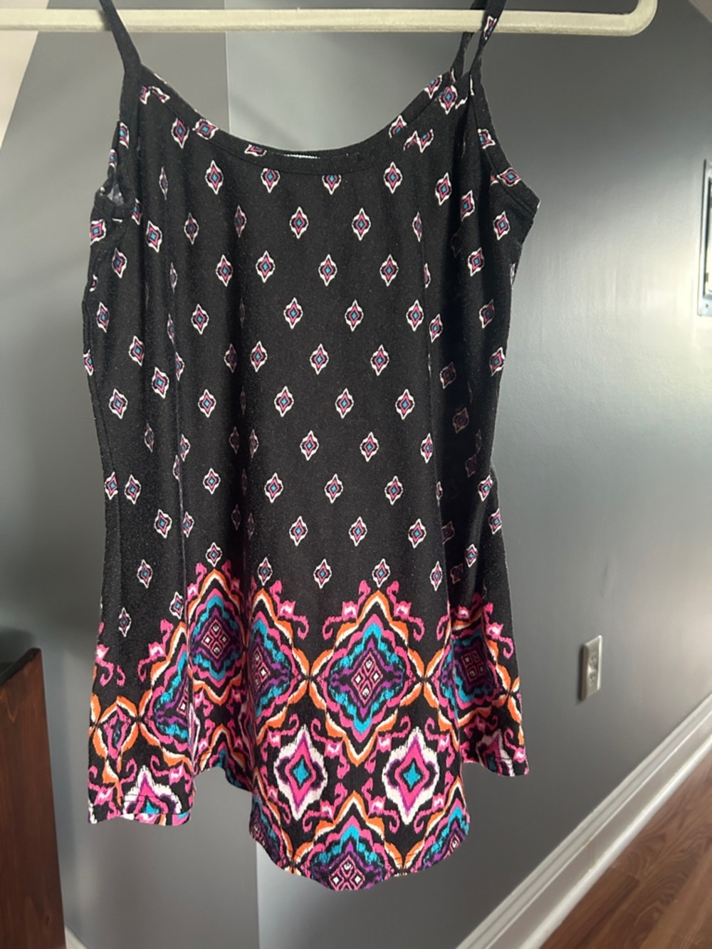 Black Printed Spaghetti Strap Tank Top with Multicolor Border, XS